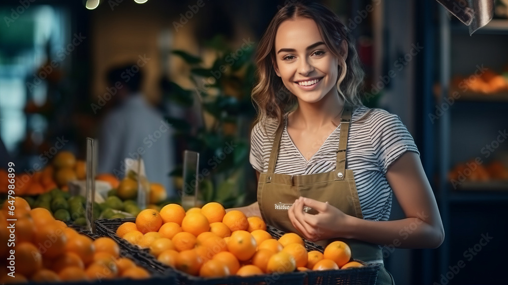 photograph of A young woman in apron sells juicy tangerines in fruit shop. photograph of A young woman in apron sells juicy tangerines in fruit shop.