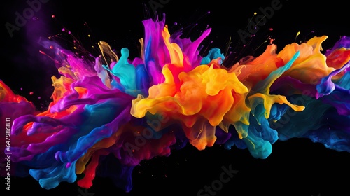 Abstract colorful paint splashing on dark background.