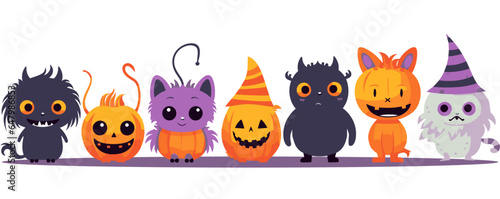 Cute monster, alien, pumpkin set vector banner illustration for children and Halloween. Adorable and spooky cartoon fairytale character creatures doodle collection, isolated art