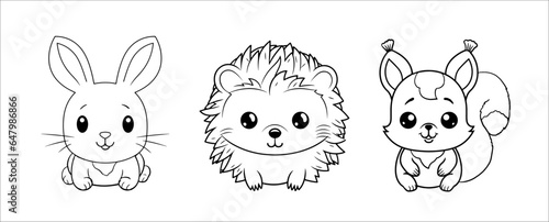 Cute funny hedgehog, rabbit and squirrel for coloring. Vector template for a coloring book with funny animals. Colouring page for kids.