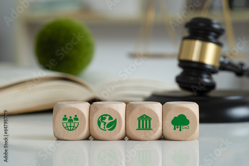 Law in wooden cubes on white background with copy space. International Law and Environment Law. law world for environmental regulation.sustainable environment concept