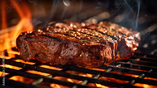 photograph of Beef, ribeye steak barbecue on the grill telephoto lens realistic natural lighting