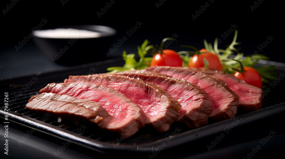 photograph of Beef, sliced beef steak on black plate telephoto lens realistic natural lighting