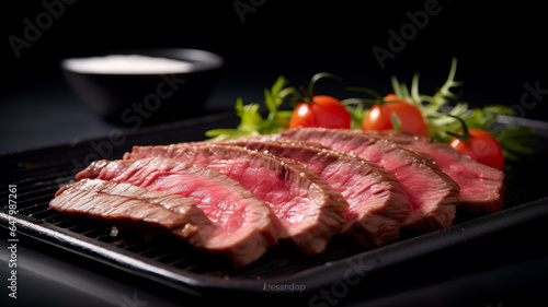 photograph of Beef, sliced beef steak on black plate telephoto lens realistic natural lighting