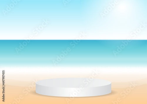 Podium on Summer Beach Background. Product Display Podium on the Beach. Summer Background. Vector Illustration. 