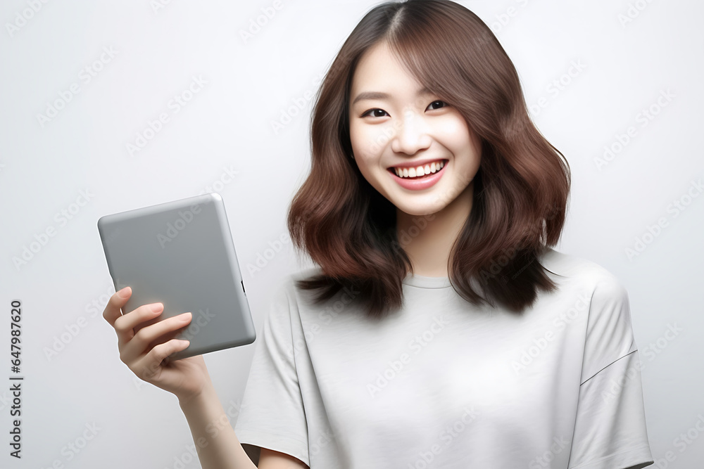 a vibrant young Asian woman is depicted, radiating positivity as she holds a digital tablet in her hands. Her smile is warm and inviting, reflecting her enthusiasm and confidence. Generative AI. a vibrant young Asian woman is depicted, radiating positivity as she holds a digital tablet in her hands. Her smile is warm and inviting, reflecting her enthusiasm and confidence. Generative AI.
