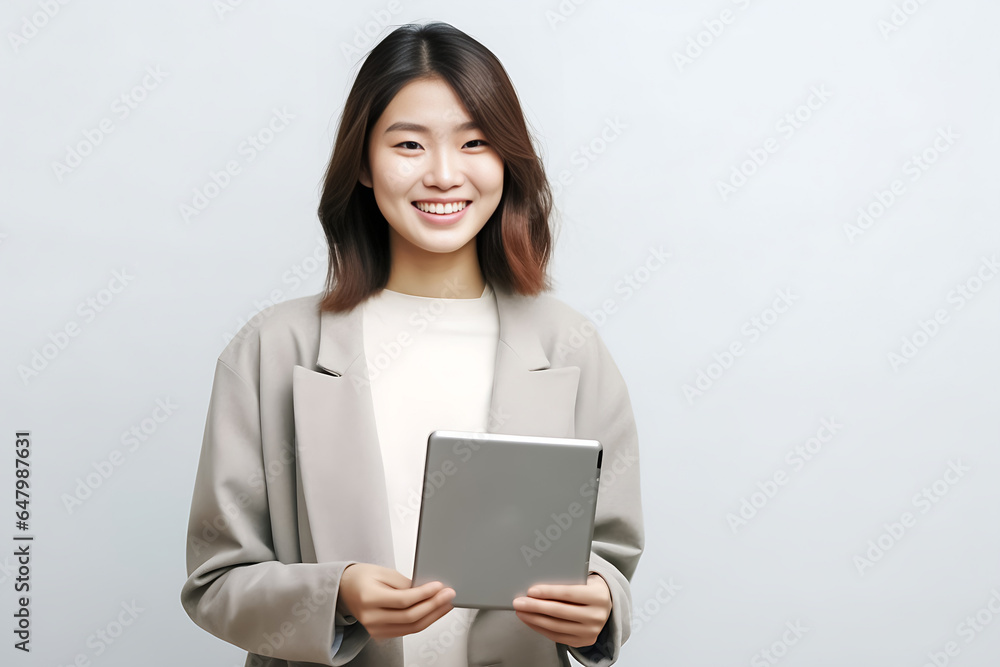 a vibrant young Asian woman is depicted, radiating positivity as she holds a digital tablet in her hands. Her smile is warm and inviting, reflecting her enthusiasm and confidence. Generative AI. a vibrant young Asian woman is depicted, radiating positivity as she holds a digital tablet in her hands. Her smile is warm and inviting, reflecting her enthusiasm and confidence. Generative AI.