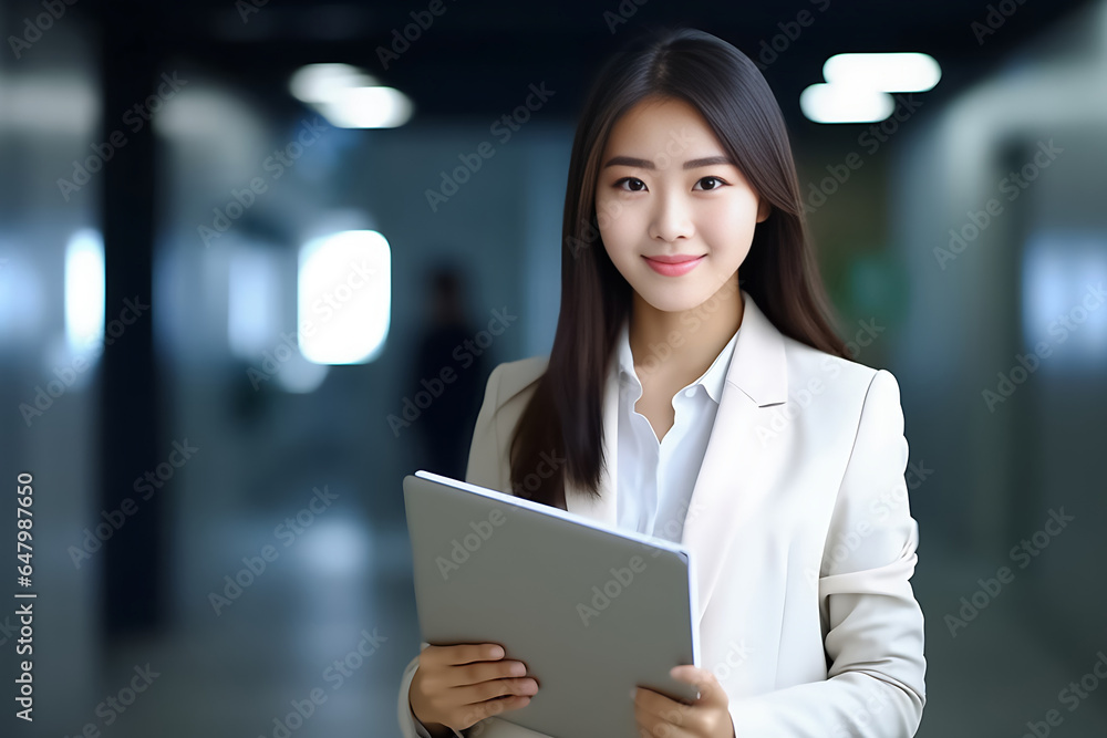 a vibrant young Asian woman is depicted, radiating positivity as she holds a digital tablet in her hands. Her smile is warm and inviting, reflecting her enthusiasm and confidence. Generative AI. a vibrant young Asian woman is depicted, radiating positivity as she holds a digital tablet in her hands. Her smile is warm and inviting, reflecting her enthusiasm and confidence. Generative AI.
