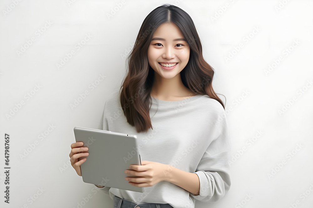 a vibrant young Asian woman is depicted, radiating positivity as she holds a digital tablet in her hands. Her smile is warm and inviting, reflecting her enthusiasm and confidence. Generative AI. a vibrant young Asian woman is depicted, radiating positivity as she holds a digital tablet in her hands. Her smile is warm and inviting, reflecting her enthusiasm and confidence. Generative AI.