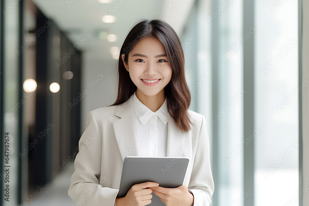 a vibrant young Asian woman is depicted, radiating positivity as she holds a digital tablet in her hands. Her smile is warm and inviting, reflecting her enthusiasm and confidence. Generative AI. a vibrant young Asian woman is depicted, radiating positivity as she holds a digital tablet in her hands. Her smile is warm and inviting, reflecting her enthusiasm and confidence. Generative AI.