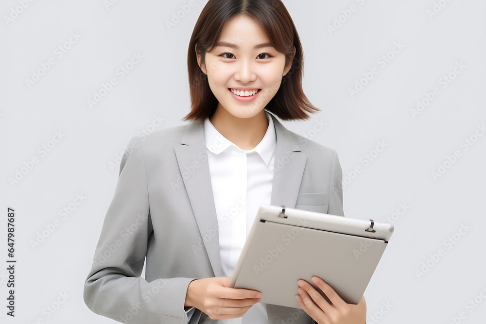 a vibrant young Asian woman is depicted, radiating positivity as she holds a digital tablet in her hands. Her smile is warm and inviting, reflecting her enthusiasm and confidence. Generative AI. a vibrant young Asian woman is depicted, radiating positivity as she holds a digital tablet in her hands. Her smile is warm and inviting, reflecting her enthusiasm and confidence. Generative AI.