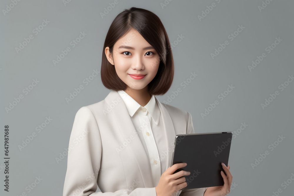 a vibrant young Asian woman is depicted, radiating positivity as she holds a digital tablet in her hands. Her smile is warm and inviting, reflecting her enthusiasm and confidence. Generative AI. a vibrant young Asian woman is depicted, radiating positivity as she holds a digital tablet in her hands. Her smile is warm and inviting, reflecting her enthusiasm and confidence. Generative AI.