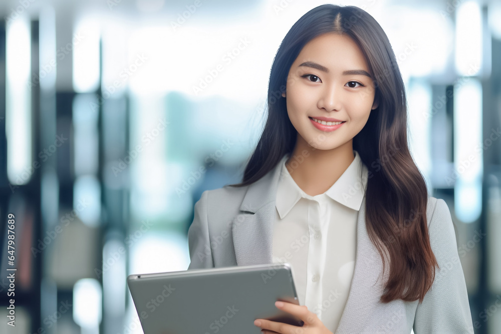 a vibrant young Asian woman is depicted, radiating positivity as she holds a digital tablet in her hands. Her smile is warm and inviting, reflecting her enthusiasm and confidence. Generative AI. a vibrant young Asian woman is depicted, radiating positivity as she holds a digital tablet in her hands. Her smile is warm and inviting, reflecting her enthusiasm and confidence. Generative AI.