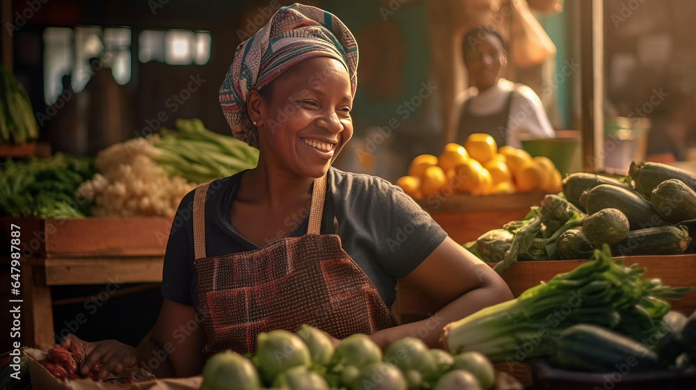 photograph of Joyful african american seller woman working in vegetable shop. - obrazy, fototapety, plakaty 