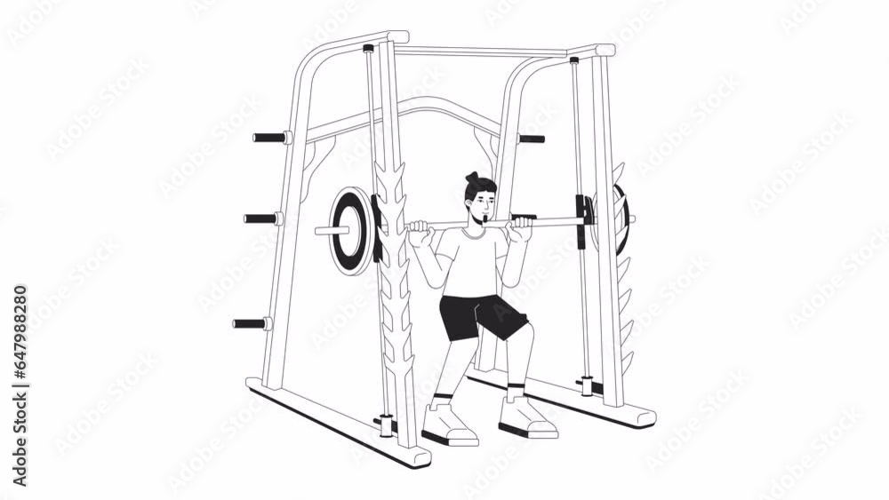 Man doing squats in power rack bw outline cartoon animation. Heavyweight. Performing powerlifting 4K video motion graphic. Gym guy 2D monochrome linear animated character isolated on white background Man doing squats in power rack bw outline cartoon animation. Heavyweight. Performing powerlifting 4K video motion graphic. Gym guy 2D monochrome linear animated character isolated on white background