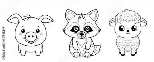 Cute funny raccoon, pig and lamb for coloring. Vector template for a coloring book with funny animals. Colouring page for kids.