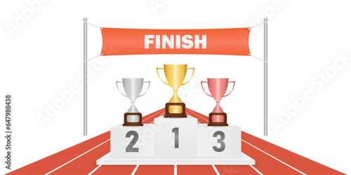 Trophy Cups on Sport Winner Podium on Running Track with Finish Line. Pedestal Sport Podiums. Podium Winner Stand. Vector Illustration.