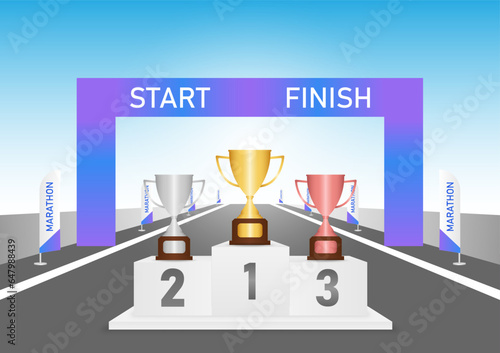 Trophy Cups on Sport Winner Podium  in Marathon Event. Pedestal Sport Podiums. Podium Winner Stand. Vector Illustration. 