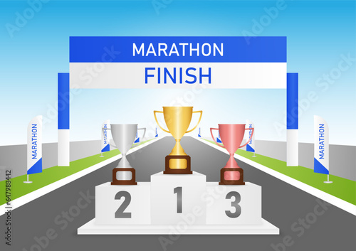 Trophy Cups on Sport Winner Podium  in Marathon Event. Pedestal Sport Podiums. Podium Winner Stand. Vector Illustration. 