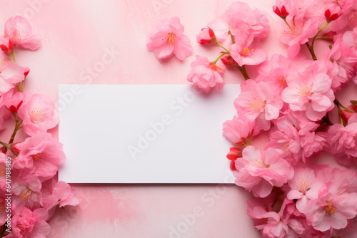 Creative layout with cherry flowers and copy space card note