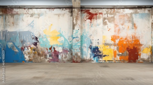 Empty urban interior background with colorful abstract graffiti on grungy white front wall