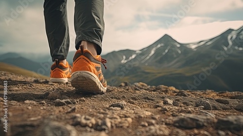 Person walking with hiking shoes on mountain