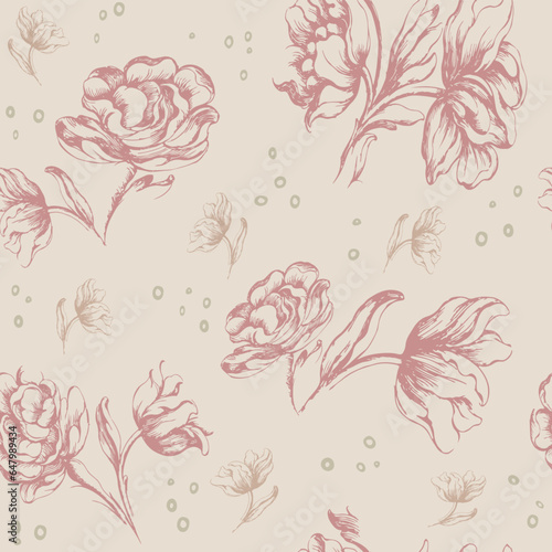 Pastel Roses,  Decorative vector seamless pattern. Repeating background. Tileable wallpaper print.