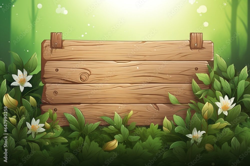 Wood board with green leaves Wood board with green leaves