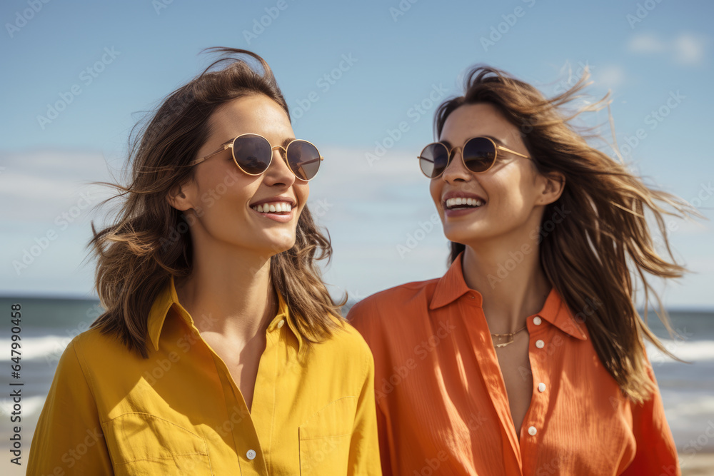 Two women standing side by side on beautiful beach. Perfect for travel or vacation themes.