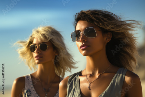 Two beautiful women standing next to each other on beach. Perfect for lifestyle and friendship themes.