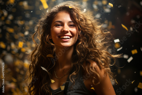 a happy female sport player celebrating winning with confetti falling © JKLoma
