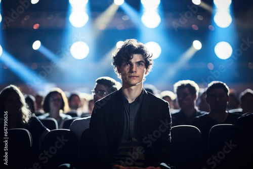 Young man sitting in front of crowd of people. This image can be used to represent leadership, public speaking, or being center of attention.