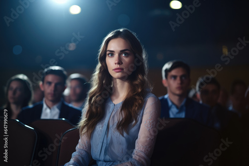 Woman seated in front of large group of people. This image can be used to represent leadership, public speaking, or being center of attention. photo