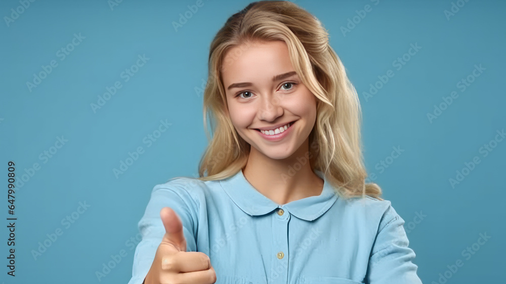 Portrait of fair-haired beautiful female student or customer with broad smile. Portrait of fair-haired beautiful female student or customer with broad smile.