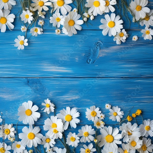 Blue wooden background with yellow and white daisey