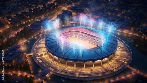aerial view of modern soccer stadium with colorful lighting of firework over stadium.