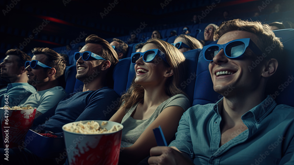 Group of people at the cinema - obrazy, fototapety, plakaty 
