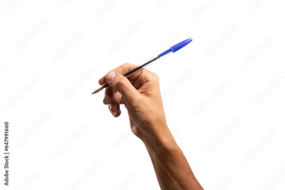 Black male hand holding byro pen, isolated on white background Black male hand holding byro pen, isolated on white background