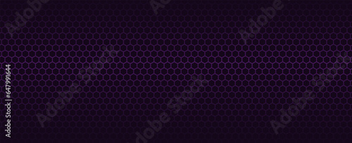 Dark grey abstract wide horizontal banner with hexagon carbon fiber grid and orange luminous lines. Technology vector background with orange neon