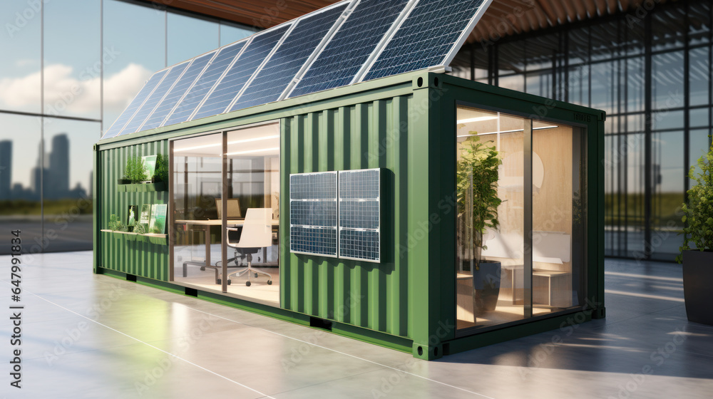 Building for shop or office with sun power panels. Premises from cargo containers. Building from cargo containers.