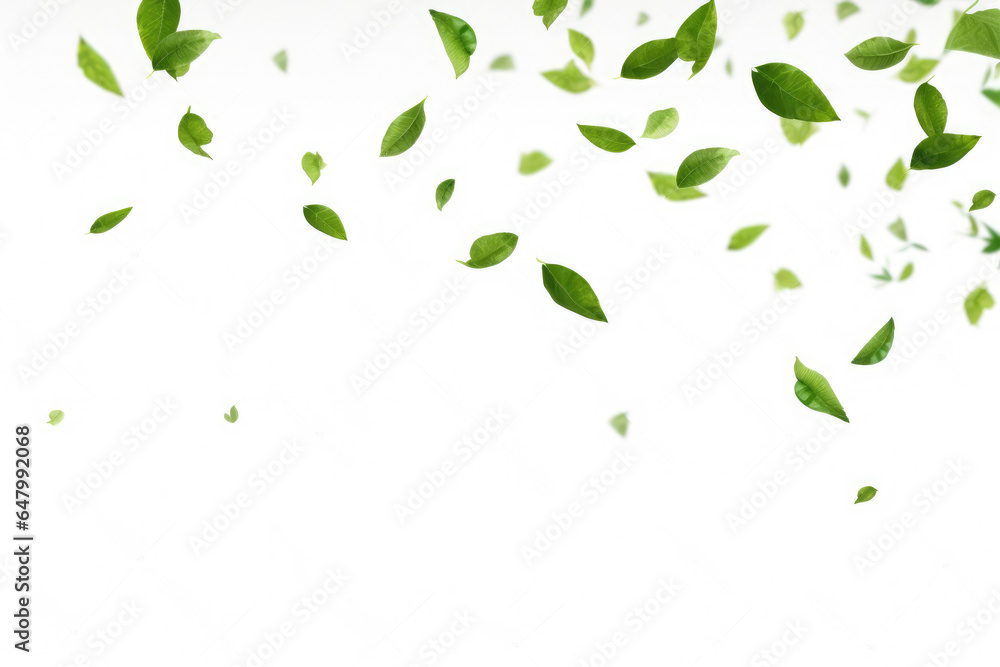 Captivating image capturing beauty of bunch of green leaves gracefully flying in air. Perfect for nature enthusiasts and environmental projects. - obrazy, fototapety, plakaty 