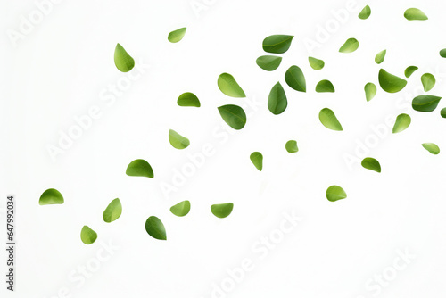 Captivating image of bunch of green leaves gracefully soaring through air. This versatile picture can be used in various contexts to add touch of natural beauty.