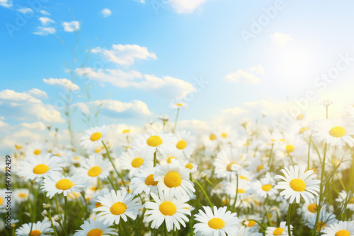 Beautiful field of white and yellow flowers under clear blue sky. Perfect for springtime or nature-themed designs. © vefimov