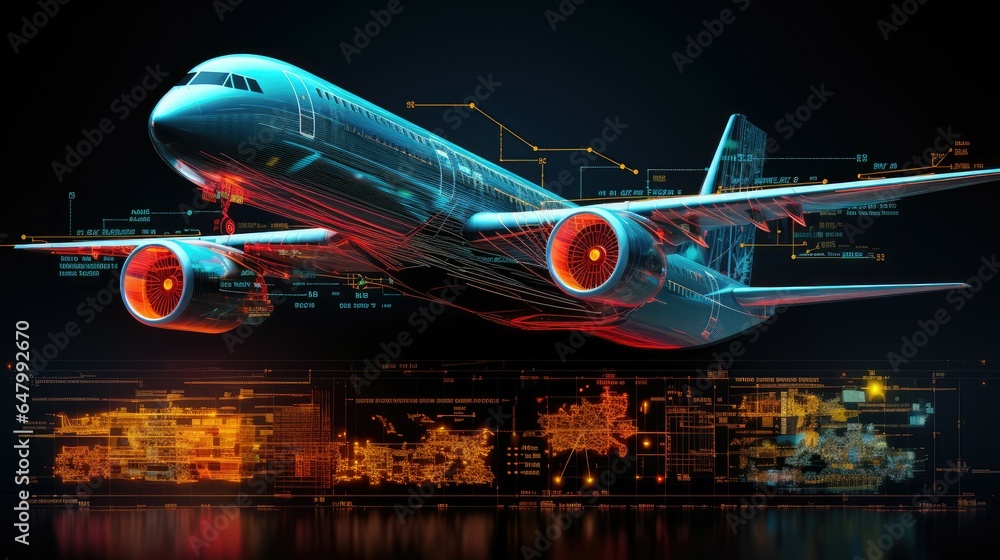 Hud artificial intelligence hologram interface with a aircraft. Futuristic transportation and technology transformation. Hud artificial intelligence hologram interface with a aircraft. Futuristic transportation and technology transformation.