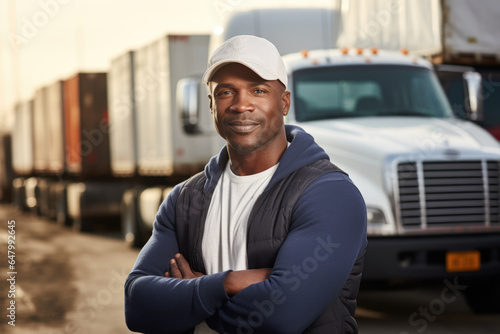 Man standing confidently in front of truck, ready for new adventure. This image can be used to depict determination, transportation, or automotive industry.