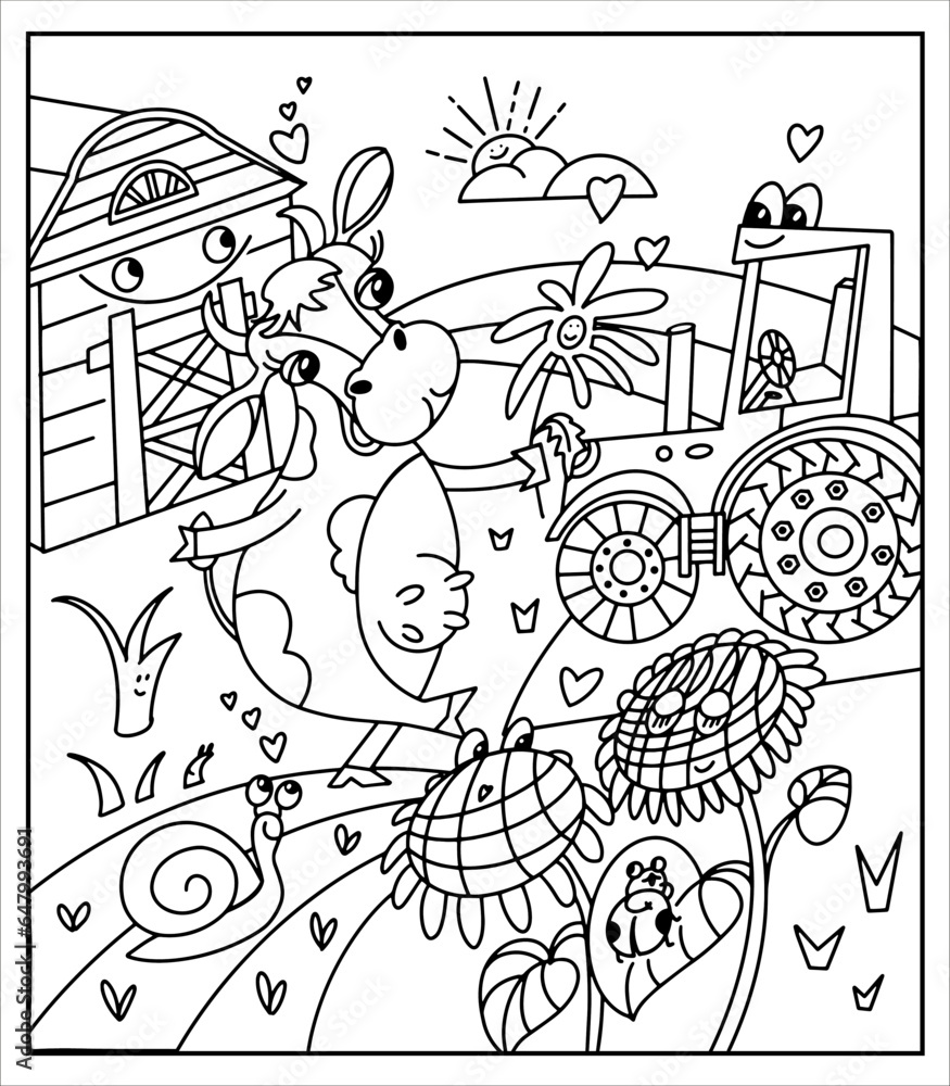 Funny cute cow with tractor in farm. Coloring page. Black and white vector illustration for book, outline. Hand drawn cartoon character. 