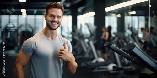 Young man after successful workout posing in modern fitness gym while showing thumb up