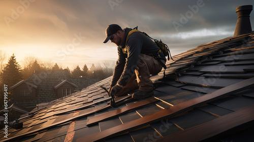 Worker repairing a roof at sunset