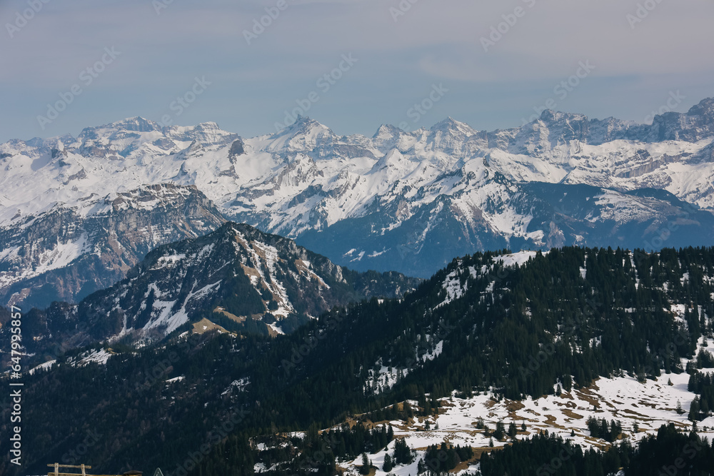 Beautiful view of alps mountain from Rigi Kulm, Switzerland on calm sunny day.