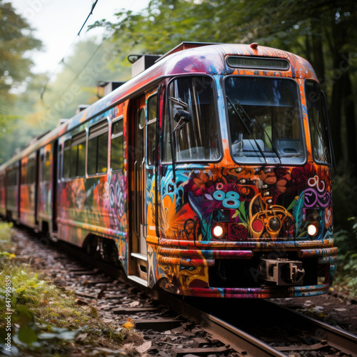  A train at morning in a forest vivid graffiti 